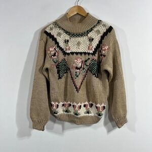 Jamie Scott VTG Cottagecore Hand Knit Floral Mock Neck Sweater Medium Grannycore